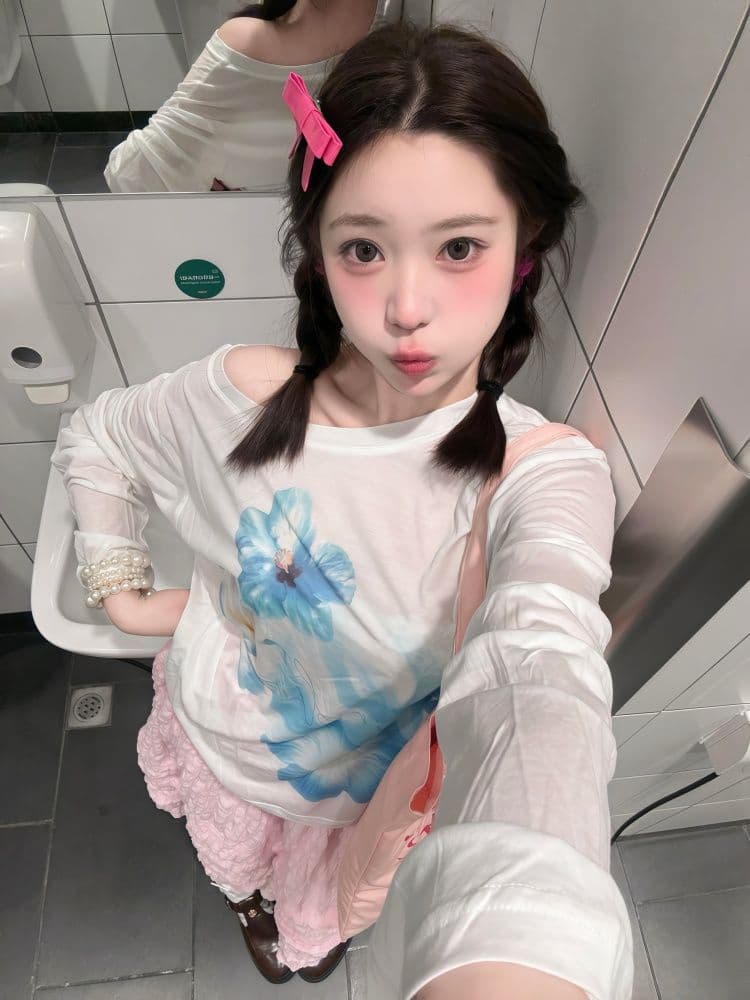 원본 원단 화이트 긴팔 자외선 차단 블라우스 티셔츠 여성 여름 느긋한 바람 꽃 프린트 루즈핏 슬림해 보이는 맨위 이미지 2
