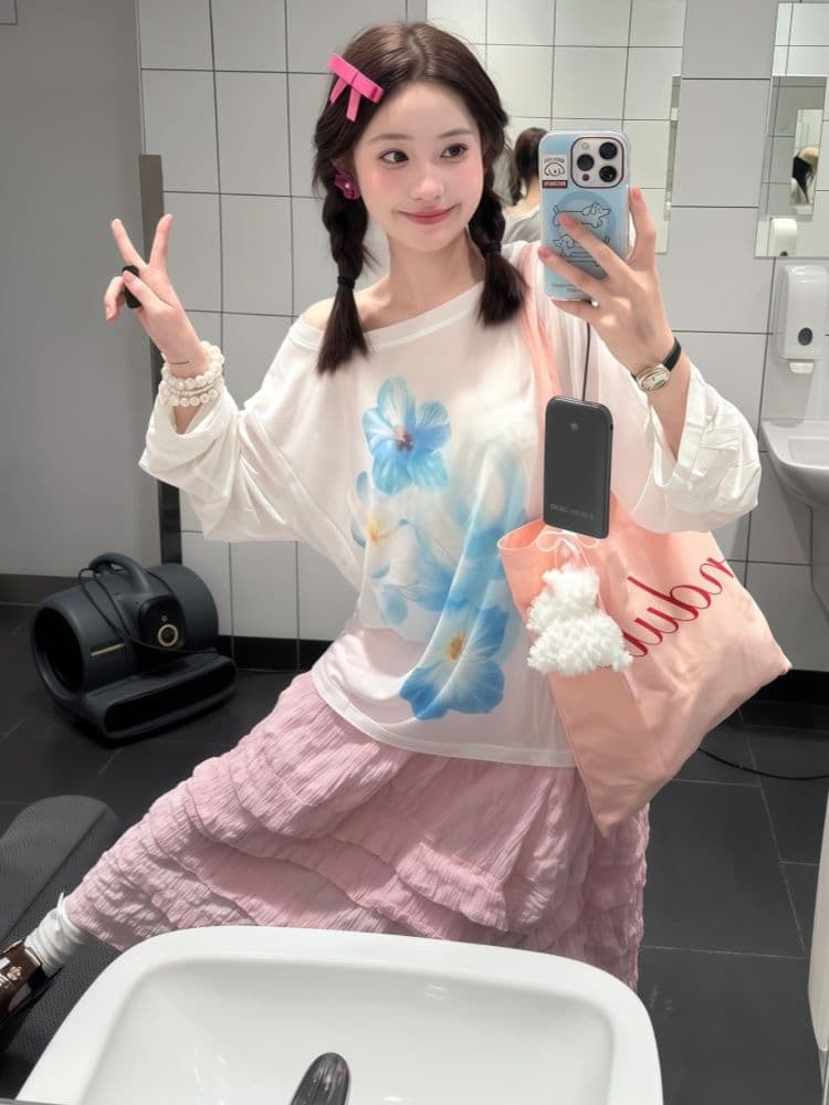 원본 원단 화이트 긴팔 자외선 차단 블라우스 티셔츠 여성 여름 느긋한 바람 꽃 프린트 루즈핏 슬림해 보이는 맨위 상세 이미지 2