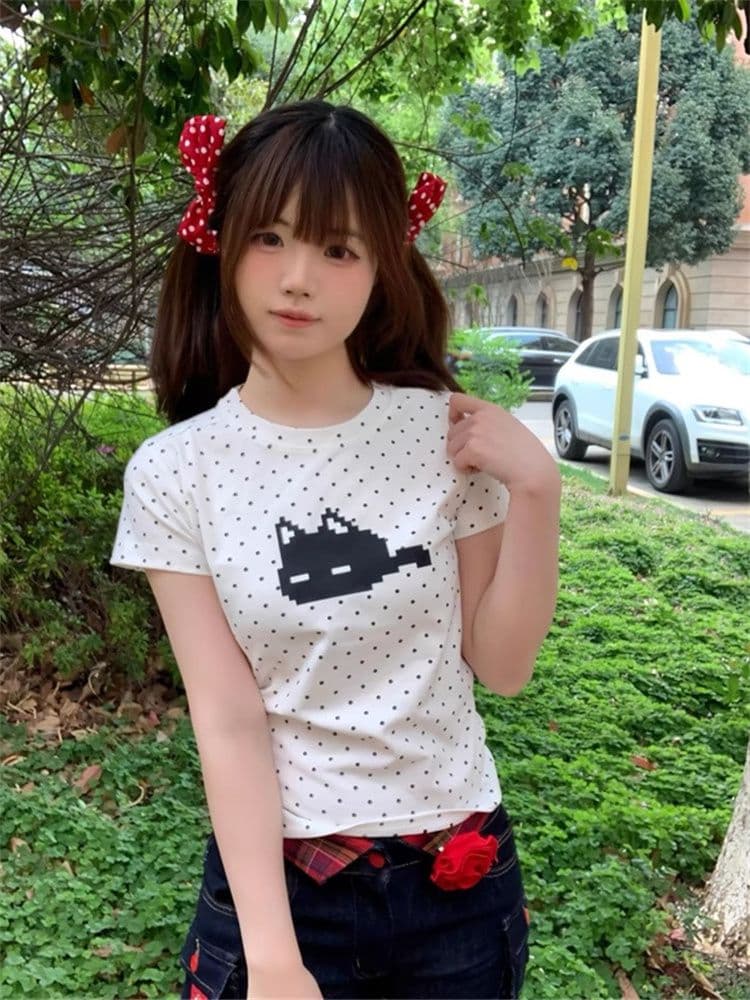 원본 원단 화이트 도트 무늬 고양이 프린트 긍정적 인 어깨 반팔 티셔츠 여성 여름 몸매 가꾸기 아메리칸 핫걸 쇼트 스타일 맨위 상세 이미지 2