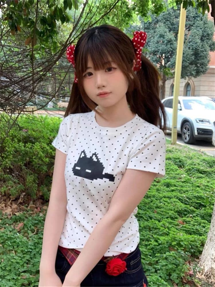 원본 원단 화이트 도트 무늬 고양이 프린트 긍정적 인 어깨 반팔 티셔츠 여성 여름 몸매 가꾸기 아메리칸 핫걸 쇼트 스타일 맨위 상세 이미지 3