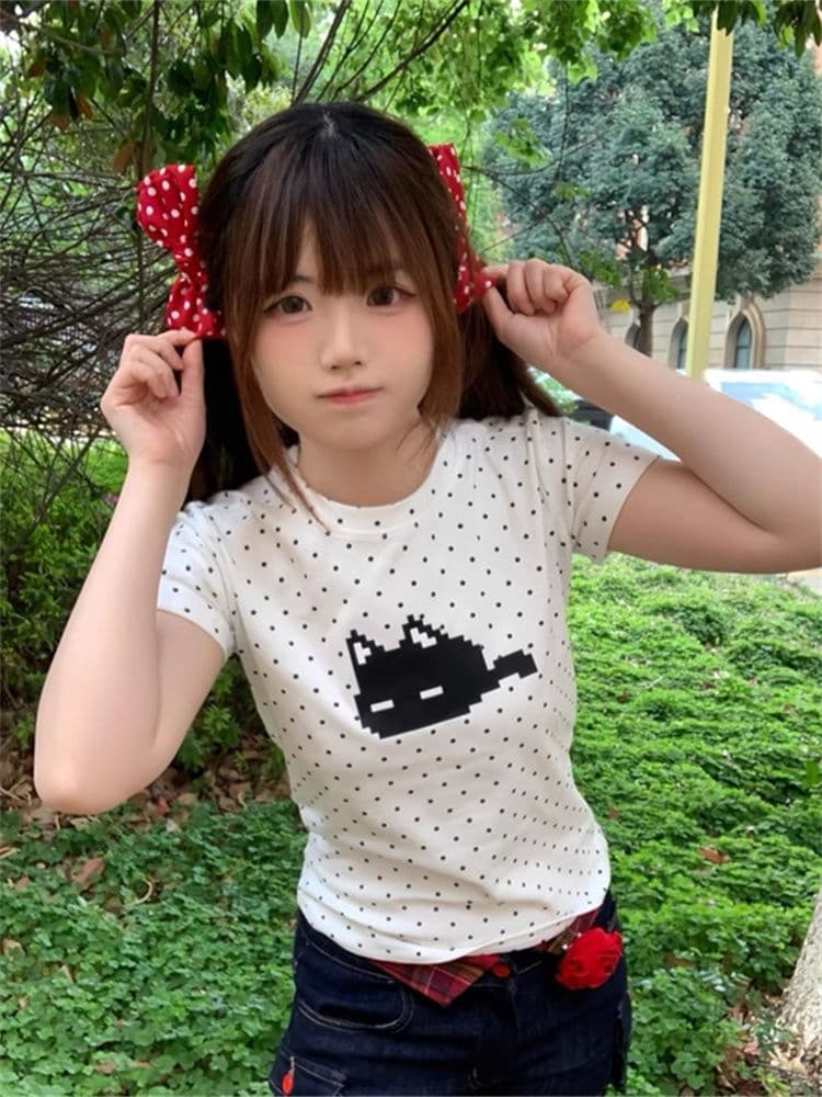 원본 원단 화이트 도트 무늬 고양이 프린트 긍정적 인 어깨 반팔 티셔츠 여성 여름 몸매 가꾸기 아메리칸 핫걸 쇼트 스타일 맨위 상세 이미지 5