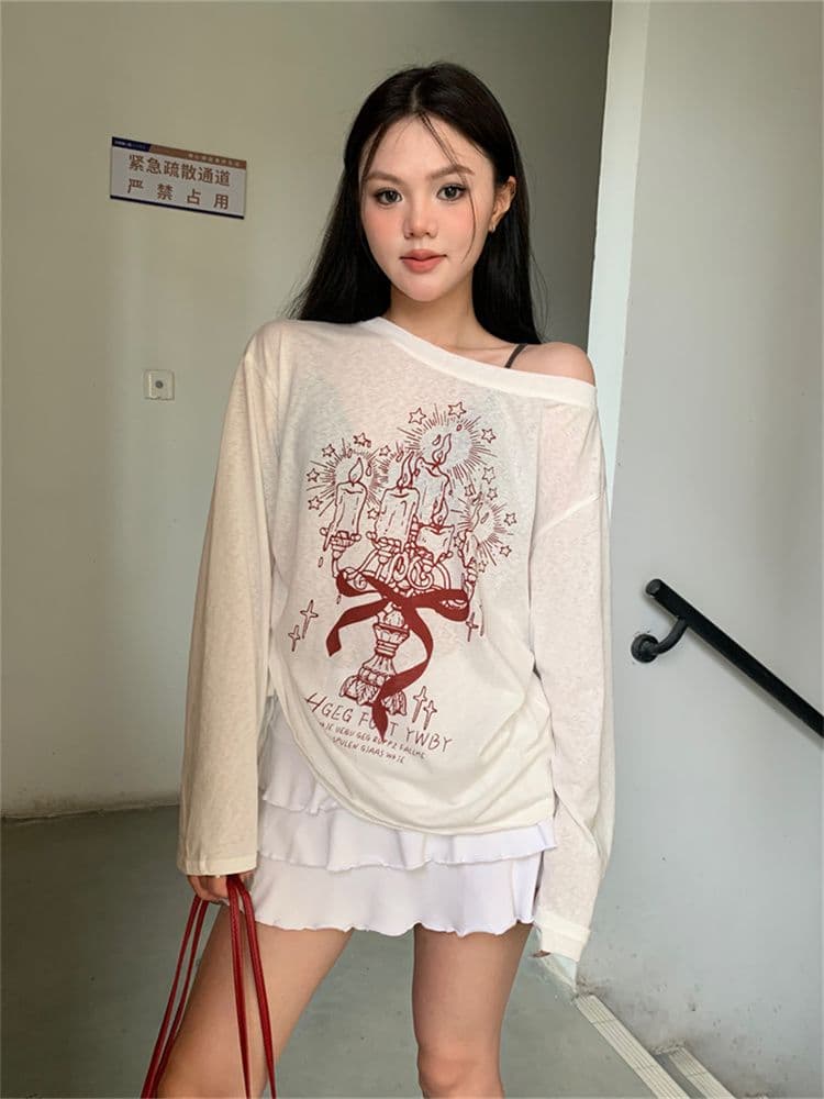 원본 원단 한 부서 화이트 프린트 비스듬한 어깨 긴팔 티셔츠 여성 여름 루즈핏 자외선 차단 블라우스 얇은 스타일 다용도 맨위 상세 이미지 8
