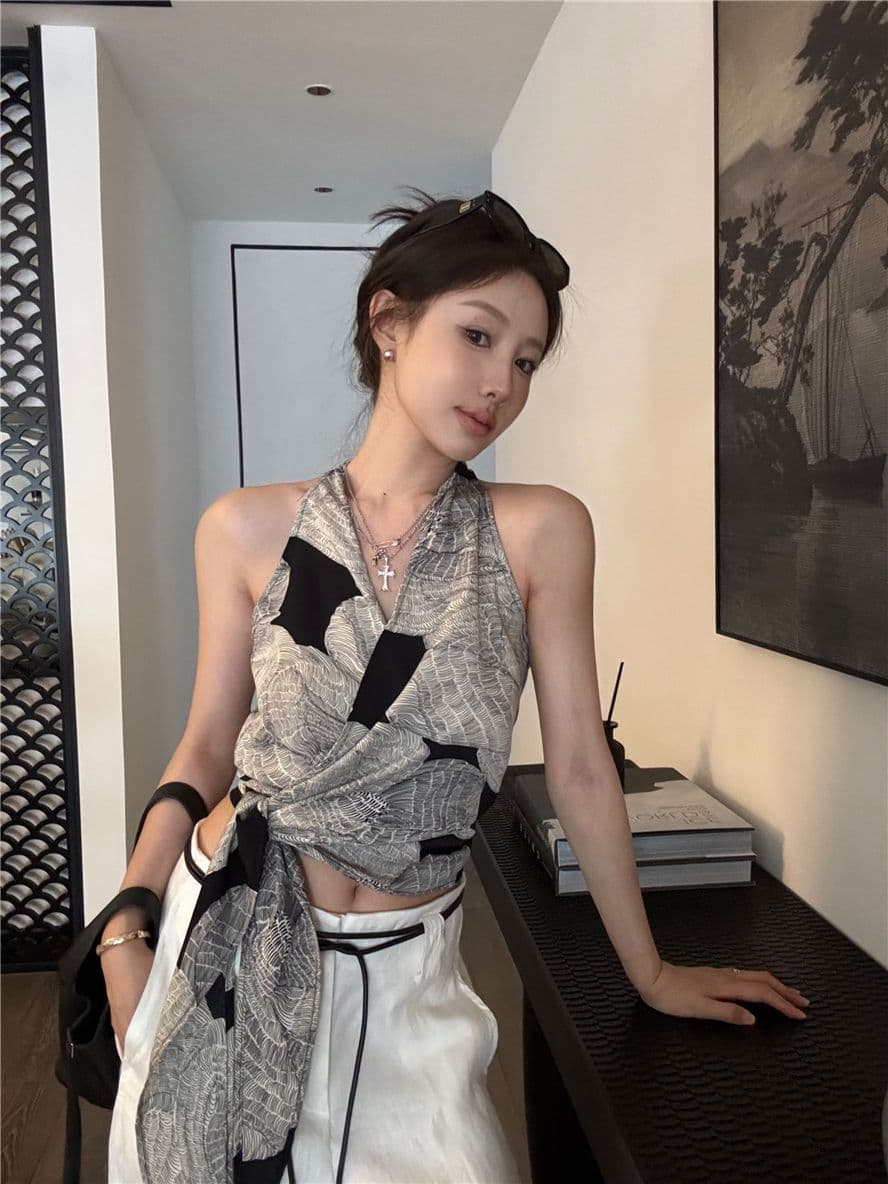 레트로 프린트 십자가 V넥 행침 목 캐미솔 여름 스트랩 몸매 가꾸기 맨위 상세 이미지 2