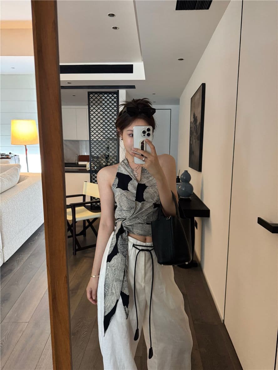 레트로 프린트 십자가 V넥 행침 목 캐미솔 여름 스트랩 몸매 가꾸기 맨위 상세 이미지 3