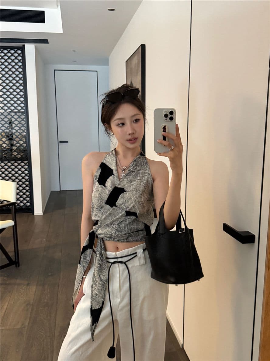 레트로 프린트 십자가 V넥 행침 목 캐미솔 여름 스트랩 몸매 가꾸기 맨위 상세 이미지 6