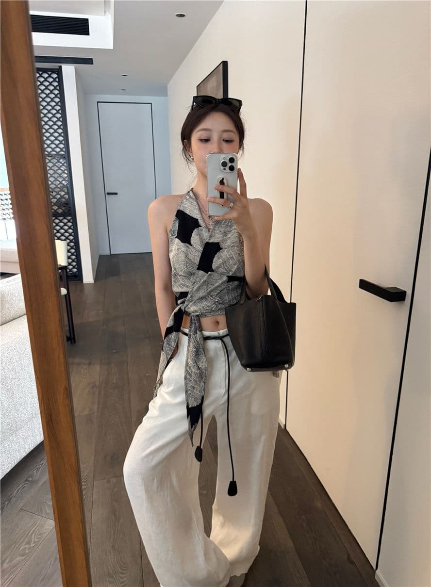 레트로 프린트 십자가 V넥 행침 목 캐미솔 여름 스트랩 몸매 가꾸기 맨위 상세 이미지 9