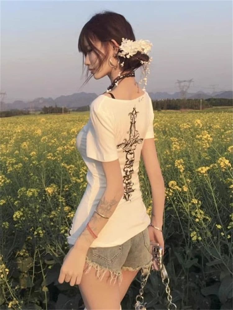 원본 원단 아메리칸 핫걸 몸매 가꾸기 긍정적 인 어깨 V넥 티셔츠 여성 여름 레트로 다용도 슬림해 보이는 라운드 넥 반팔 맨위 이미지 2