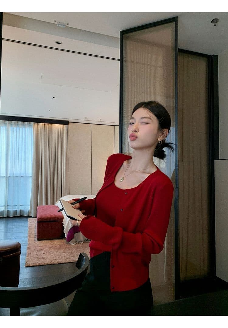 가을 새로운 2026 년 외국 가스 라운드 넥 자외선 차단 오픈 가디건 대 u 칼라 슬립 단색 다용도 쇼트 스타일 세트 여성 상세 이미지 8