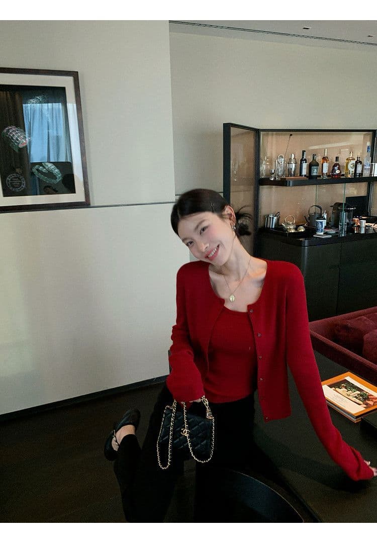 가을 새로운 2026 년 외국 가스 라운드 넥 자외선 차단 오픈 가디건 대 u 칼라 슬립 단색 다용도 쇼트 스타일 세트 여성 상세 이미지 9