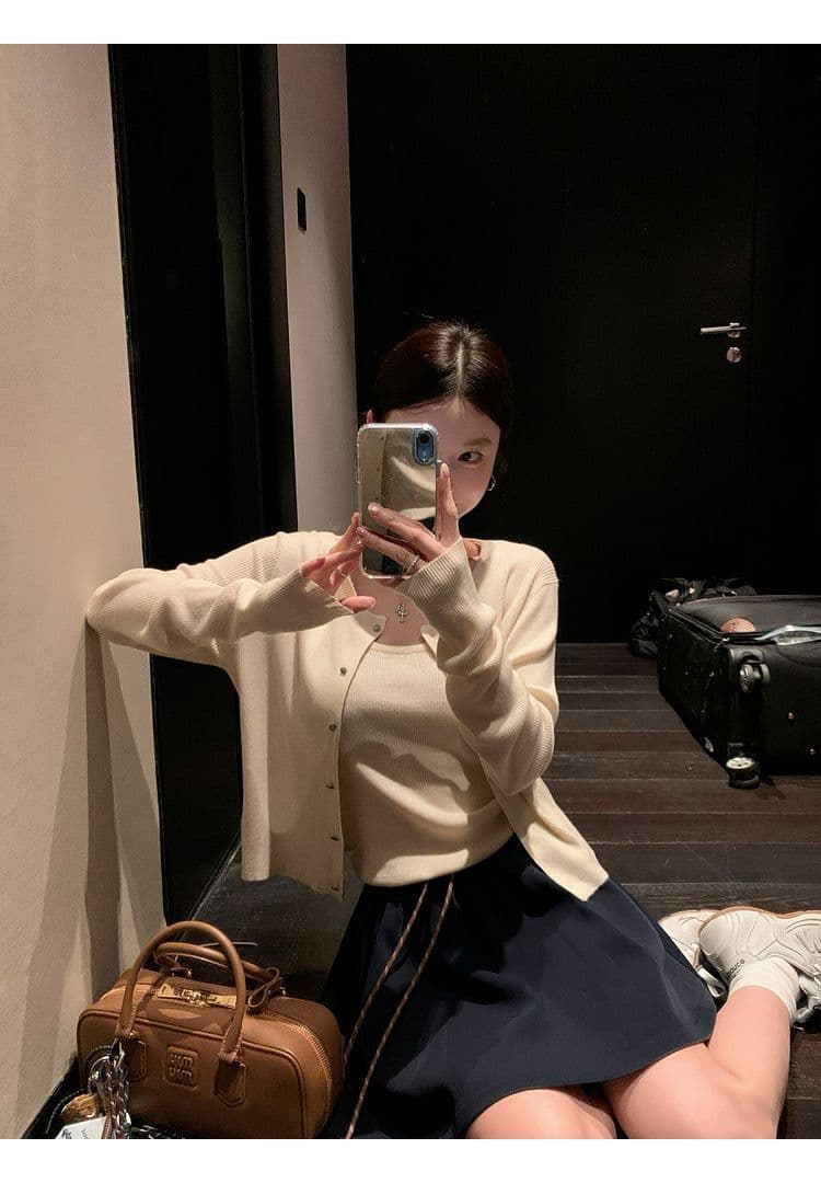 가을 새로운 2026 년 외국 가스 라운드 넥 자외선 차단 오픈 가디건 대 u 칼라 슬립 단색 다용도 쇼트 스타일 세트 여성 상세 이미지 14