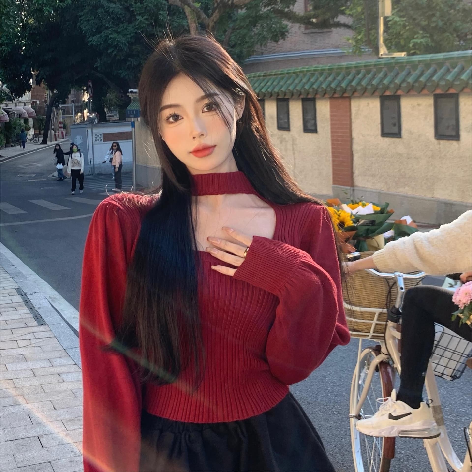 홍콩 느낌 프랑스식 광장 칼라 검정색 니트 스웨터 여성 가을 외국 가스 인사이드 가져 가라. 스웨터 기본 셔츠 고급 센스 쇼트 스타일 맨위 이미지 2