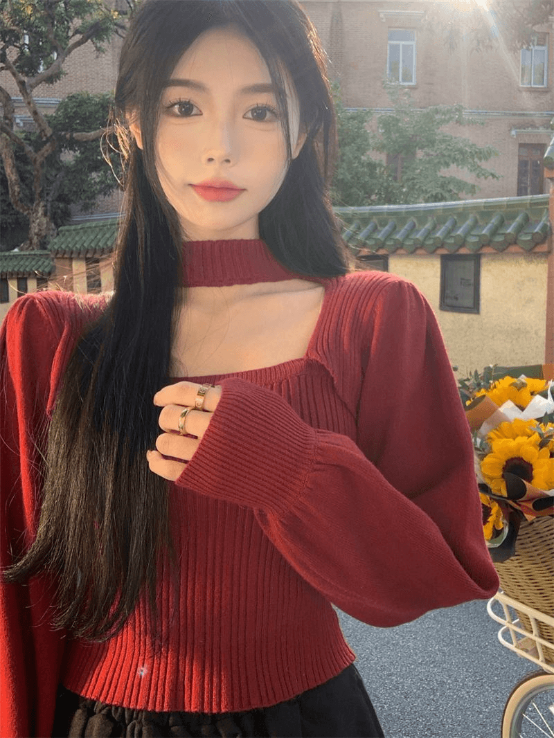 홍콩 느낌 프랑스식 광장 칼라 검정색 니트 스웨터 여성 가을 외국 가스 인사이드 가져 가라. 스웨터 기본 셔츠 고급 센스 쇼트 스타일 맨위