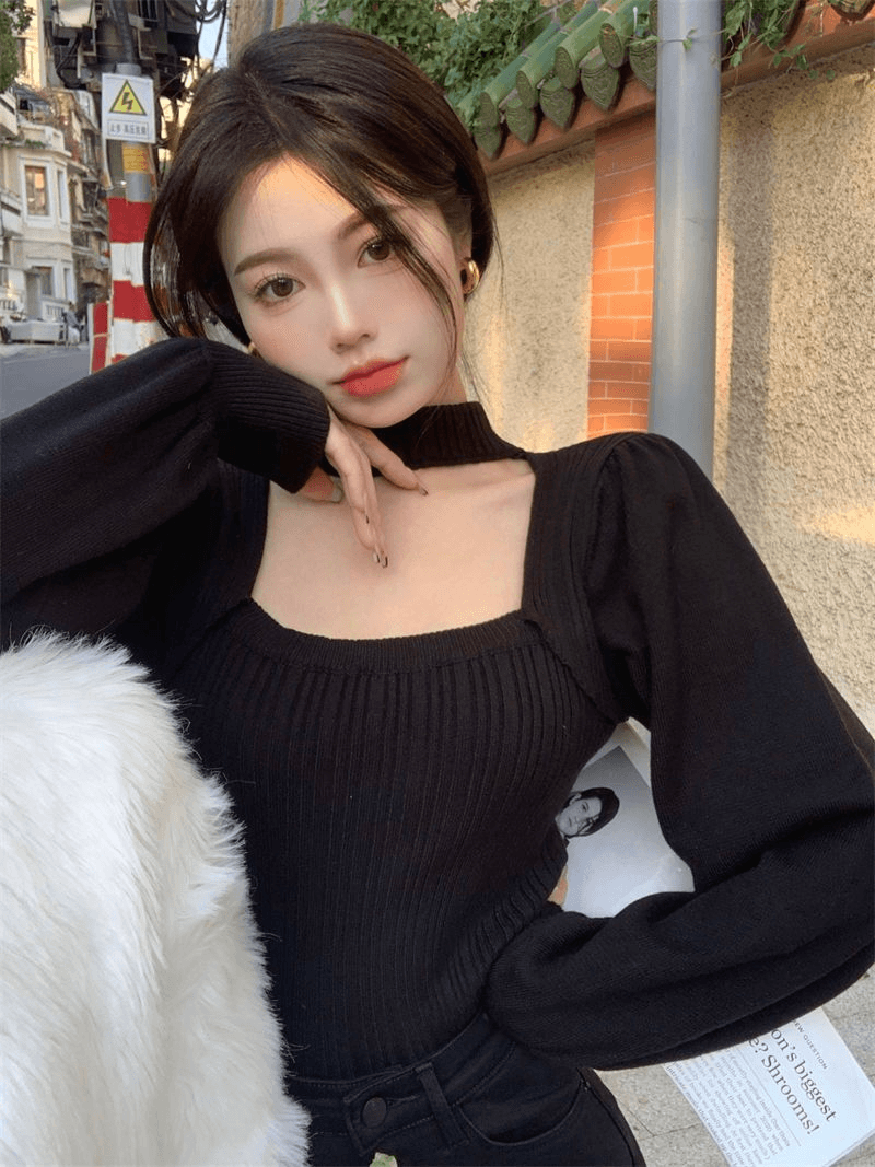 홍콩 느낌 프랑스식 광장 칼라 검정색 니트 스웨터 여성 가을 외국 가스 인사이드 가져 가라. 스웨터 기본 셔츠 고급 센스 쇼트 스타일 맨위 이미지 3