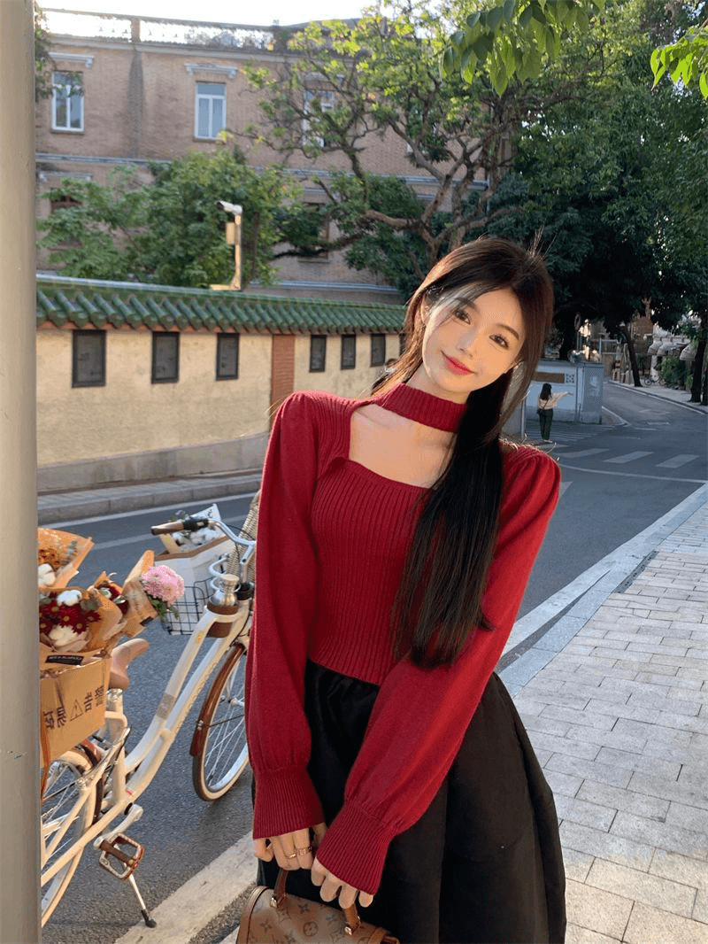 홍콩 느낌 프랑스식 광장 칼라 검정색 니트 스웨터 여성 가을 외국 가스 인사이드 가져 가라. 스웨터 기본 셔츠 고급 센스 쇼트 스타일 맨위 상세 이미지 2