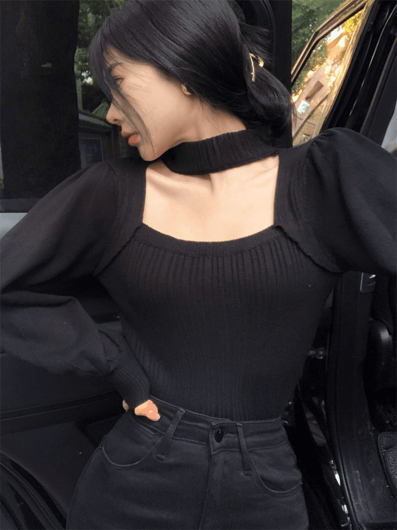 홍콩 느낌 프랑스식 광장 칼라 검정색 니트 스웨터 여성 가을 외국 가스 인사이드 가져 가라. 스웨터 기본 셔츠 고급 센스 쇼트 스타일 맨위 상세 이미지 15