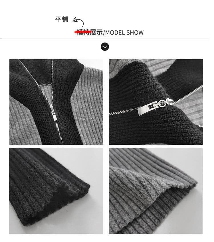 작은 대중 배색 폴로 칼라 지퍼 니트 스웨터 기본 셔츠 여성 2026 가을 새로운 프랑스식 품격 검정색 맨위 상세 이미지 2