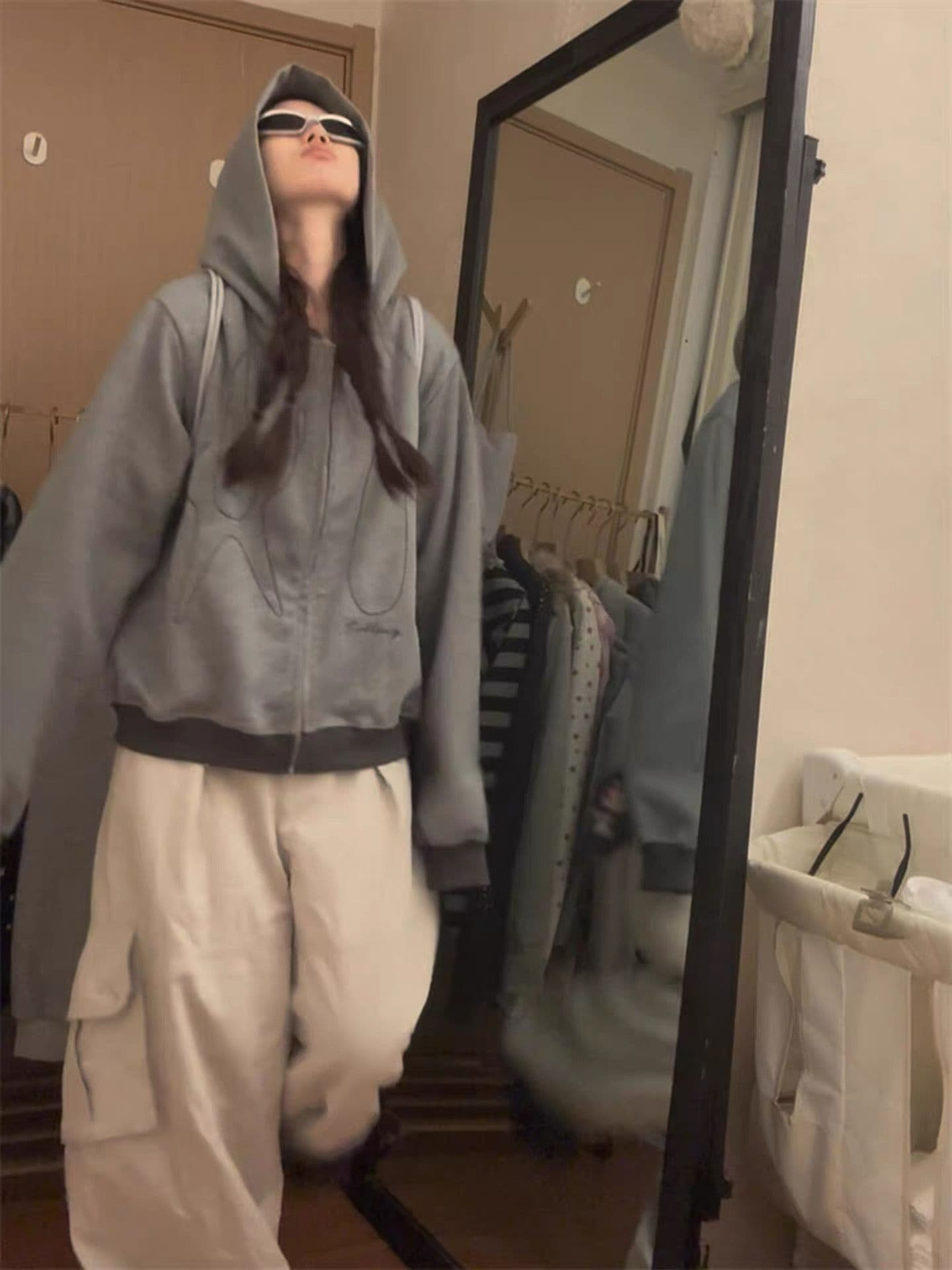얇은 스타일 털이 있는 자수 순수한 Mianhua 면 복합 후드티 여성 상세 이미지 2