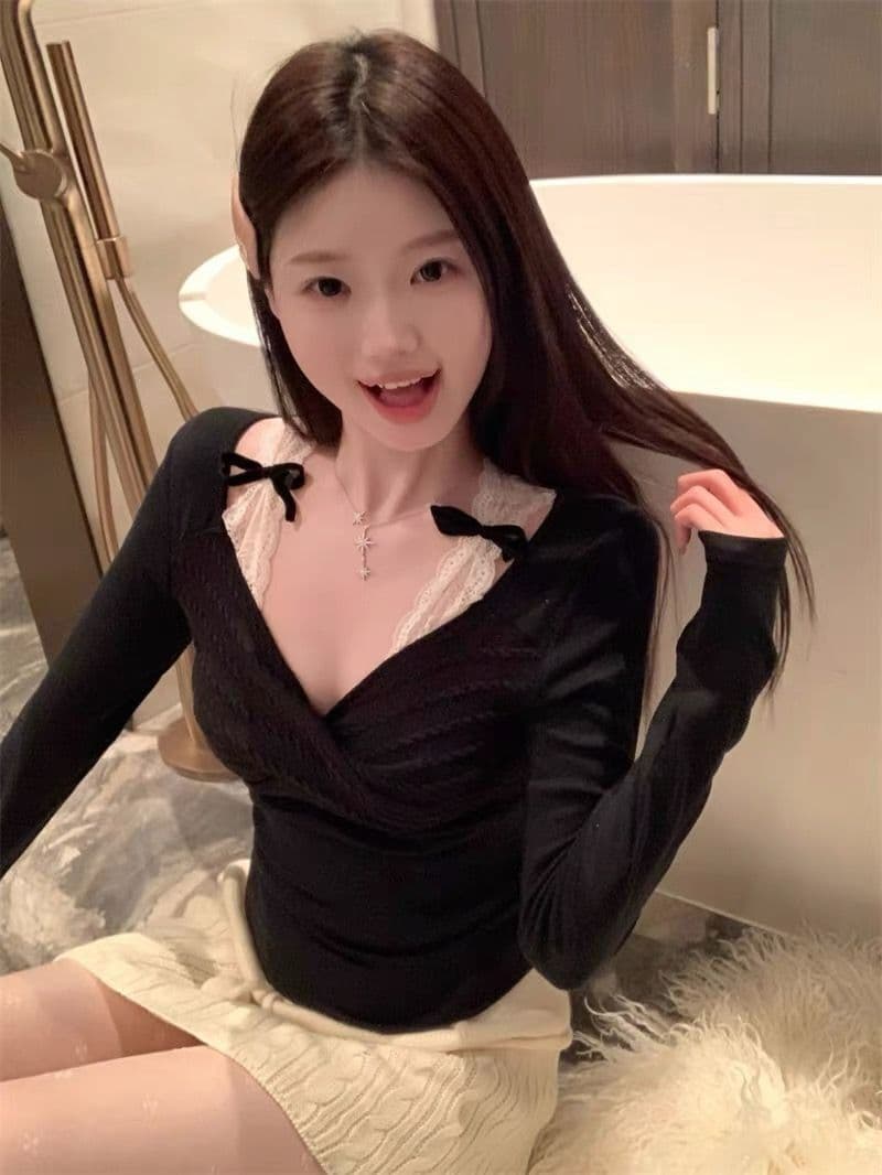 1 1 와 사고 방식 순수한 욕망 바람 페이크 레이어드 레이스 인사이드 가져 가라. 기본 셔츠 여성 봄 가을 오프숄더 몸매 가꾸기 쇼트 스타일 맨위 상세 이미지 1