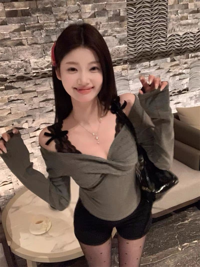 1 1 와 사고 방식 순수한 욕망 바람 페이크 레이어드 레이스 인사이드 가져 가라. 기본 셔츠 여성 봄 가을 오프숄더 몸매 가꾸기 쇼트 스타일 맨위 상세 이미지 3