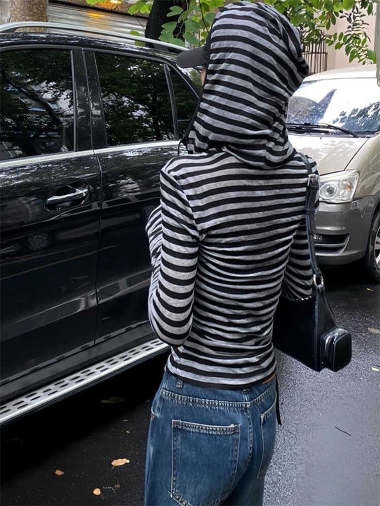 원본 원단 스트라이프 후드 긴팔 티셔츠 여성 조기 가을 마이크로 지방 mm 디자인 센스 작은 대중 몸매 가꾸기 슬림해 보이는 맨위 이미지 4