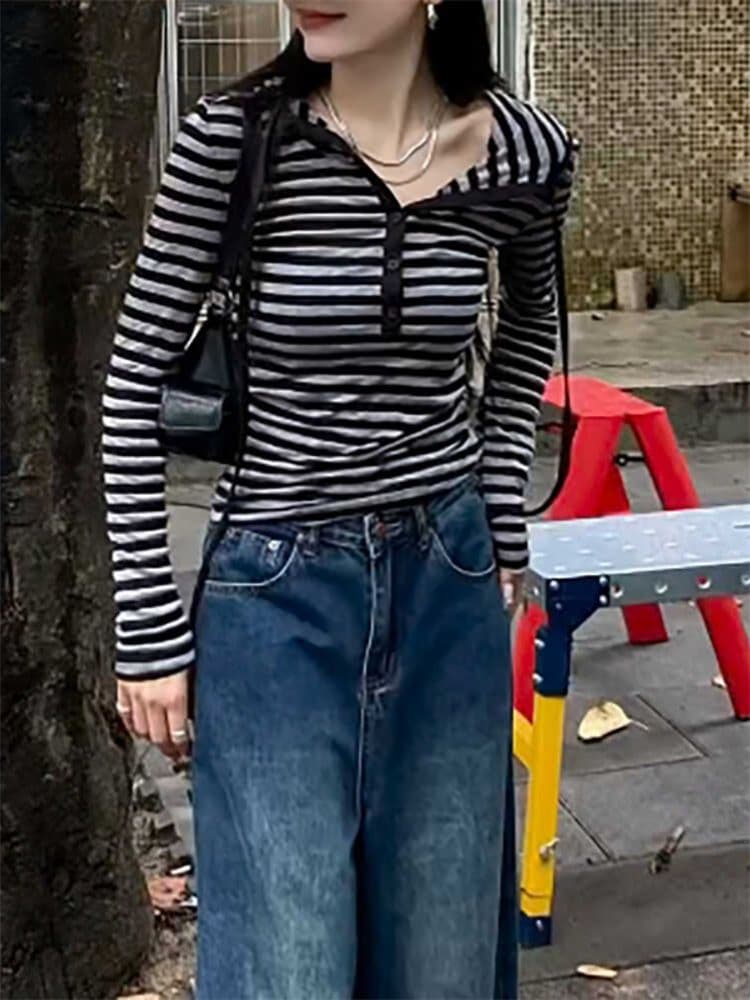원본 원단 스트라이프 후드 긴팔 티셔츠 여성 조기 가을 마이크로 지방 mm 디자인 센스 작은 대중 몸매 가꾸기 슬림해 보이는 맨위 상세 이미지 2
