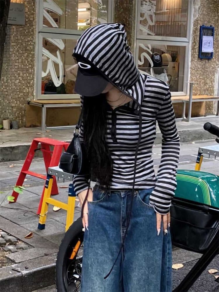 원본 원단 스트라이프 후드 긴팔 티셔츠 여성 조기 가을 마이크로 지방 mm 디자인 센스 작은 대중 몸매 가꾸기 슬림해 보이는 맨위 상세 이미지 5