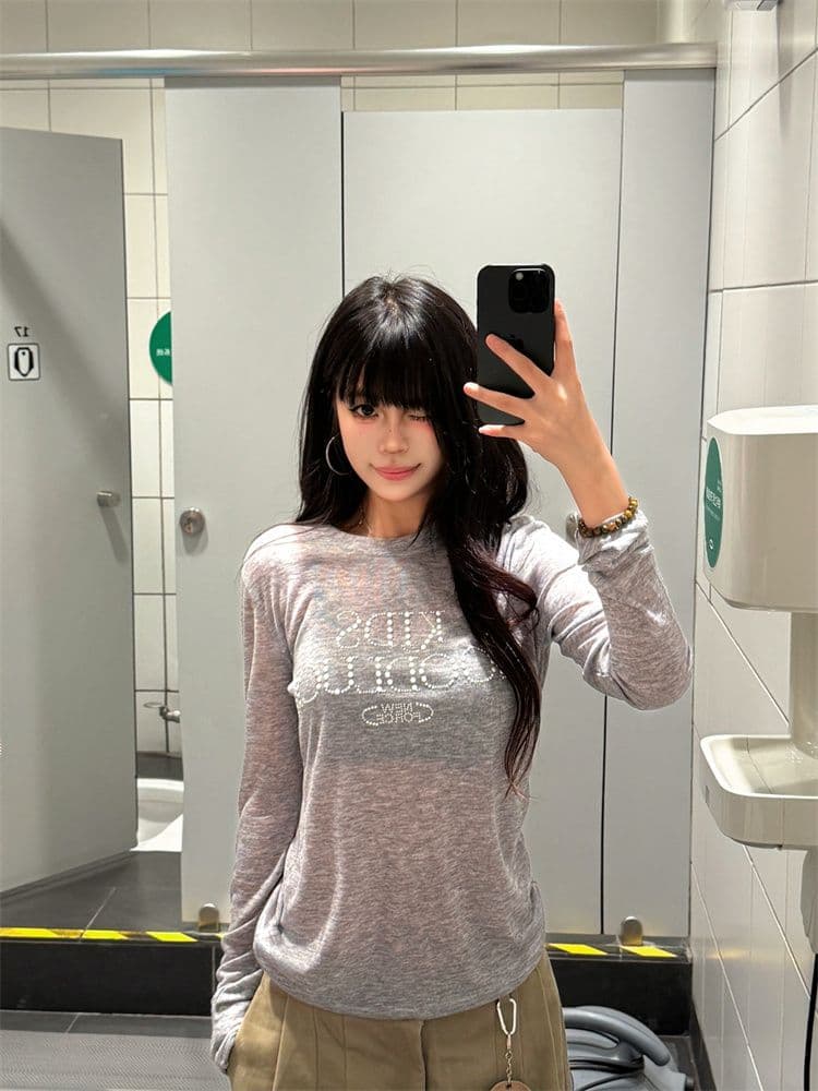 원본 원단 아메리칸 진주 핫픽스 긴팔 티셔츠 여성 여름 이른 가을 몸매 가꾸기 얇은 스타일 자외선 차단 블라우스 가면 tee 이미지 2