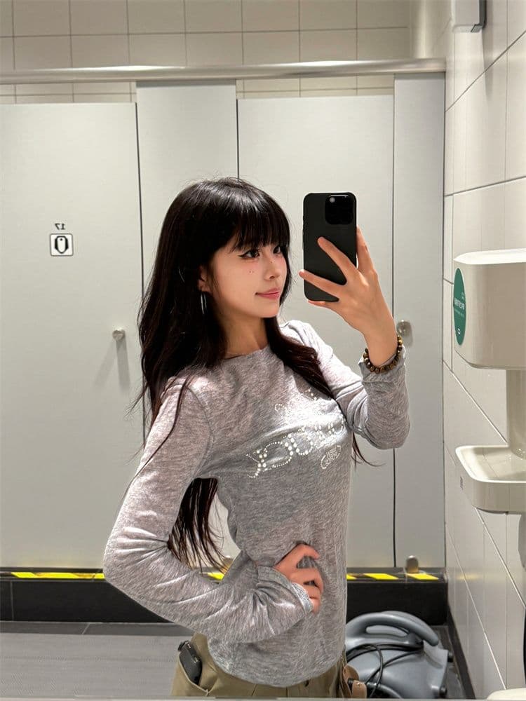 원본 원단 아메리칸 진주 핫픽스 긴팔 티셔츠 여성 여름 이른 가을 몸매 가꾸기 얇은 스타일 자외선 차단 블라우스 가면 tee 이미지 4