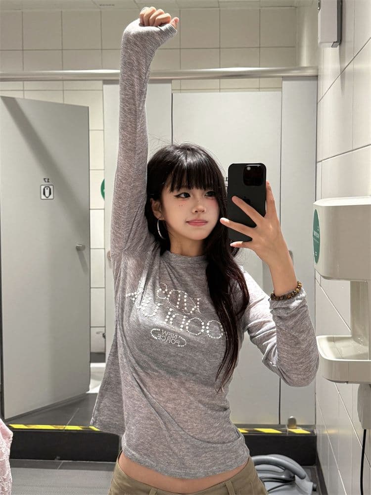 원본 원단 아메리칸 진주 핫픽스 긴팔 티셔츠 여성 여름 이른 가을 몸매 가꾸기 얇은 스타일 자외선 차단 블라우스 가면 tee 상세 이미지 1