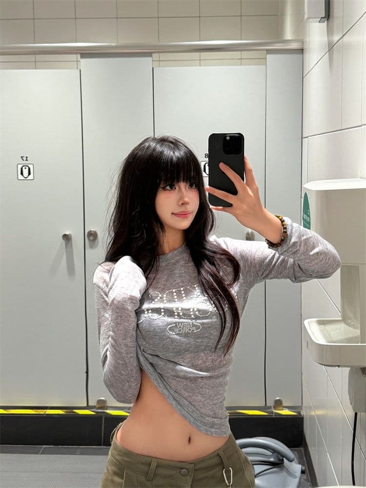 원본 원단 아메리칸 진주 핫픽스 긴팔 티셔츠 여성 여름 이른 가을 몸매 가꾸기 얇은 스타일 자외선 차단 블라우스 가면 tee 상세 이미지 3