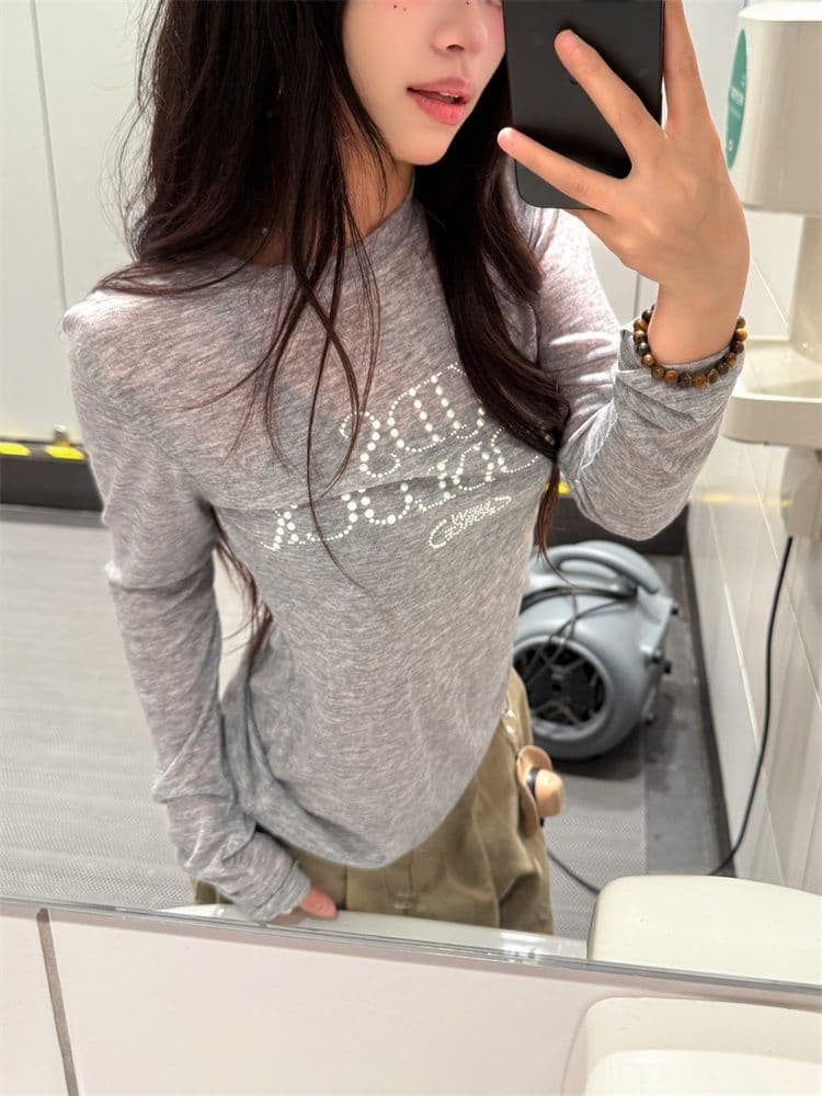 원본 원단 아메리칸 진주 핫픽스 긴팔 티셔츠 여성 여름 이른 가을 몸매 가꾸기 얇은 스타일 자외선 차단 블라우스 가면 tee 상세 이미지 5