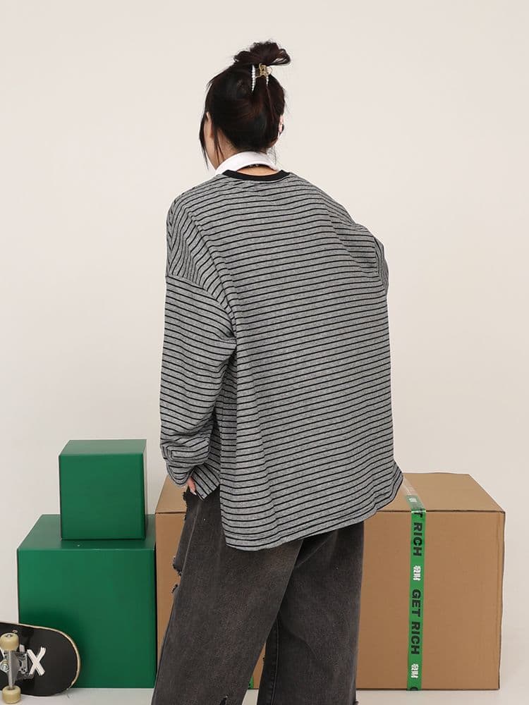 원본 원단 아메리칸 레트로 스트라이프 디자인 라운드 넥 긴팔 조수 브랜드 새로운 디자인 센스 긴팔 티셔츠 여성 가을 상세 이미지 2