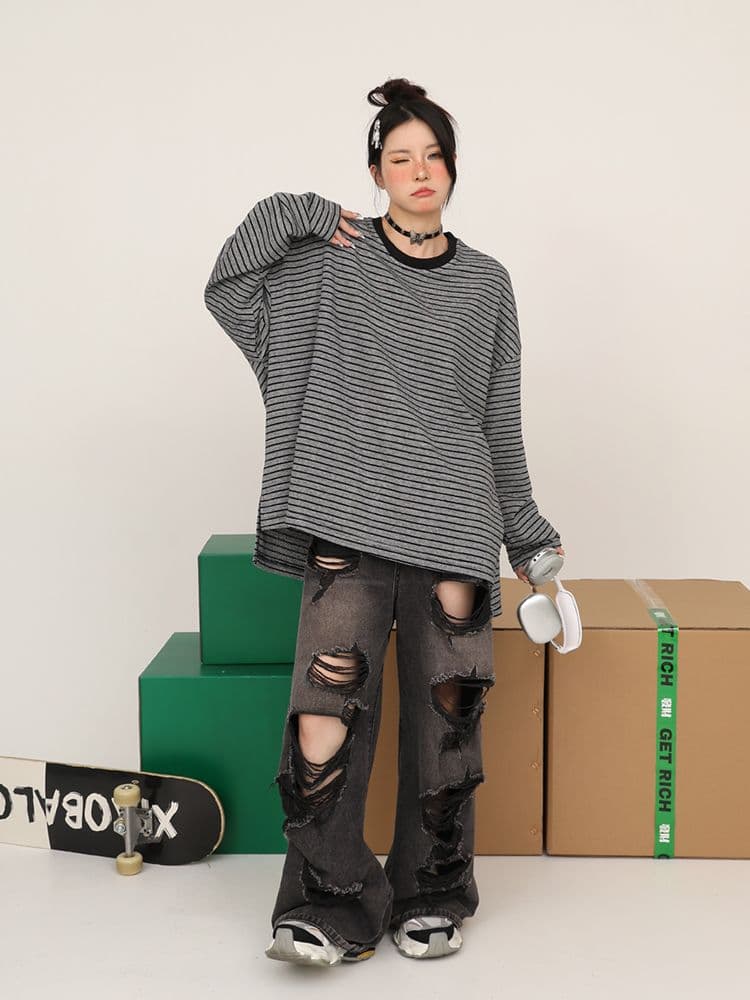 원본 원단 아메리칸 레트로 스트라이프 디자인 라운드 넥 긴팔 조수 브랜드 새로운 디자인 센스 긴팔 티셔츠 여성 가을 상세 이미지 4