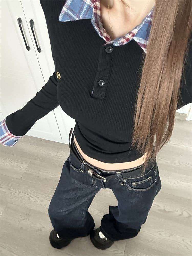 원본 원단 체크무늬 페이크 레이어드 긴팔 티셔츠 여성 가을 겨울 인사이드 가져 가라. 기본 셔츠 고유 한 Chic 맨위 이미지 2