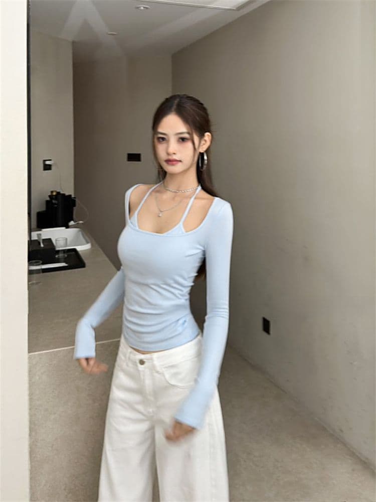 De 플러시 한 부서 순수한 욕망 긴팔 티셔츠 가을 겨울 외출용 몸매 가꾸기 슬림해 보이는 핫걸 u 칼라 페이크 레이어드 인사이드 잡아라. 의류 상세 이미지 2