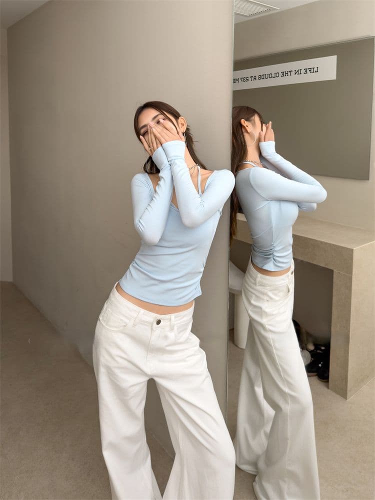 De 플러시 한 부서 순수한 욕망 긴팔 티셔츠 가을 겨울 외출용 몸매 가꾸기 슬림해 보이는 핫걸 u 칼라 페이크 레이어드 인사이드 잡아라. 의류 상세 이미지 6