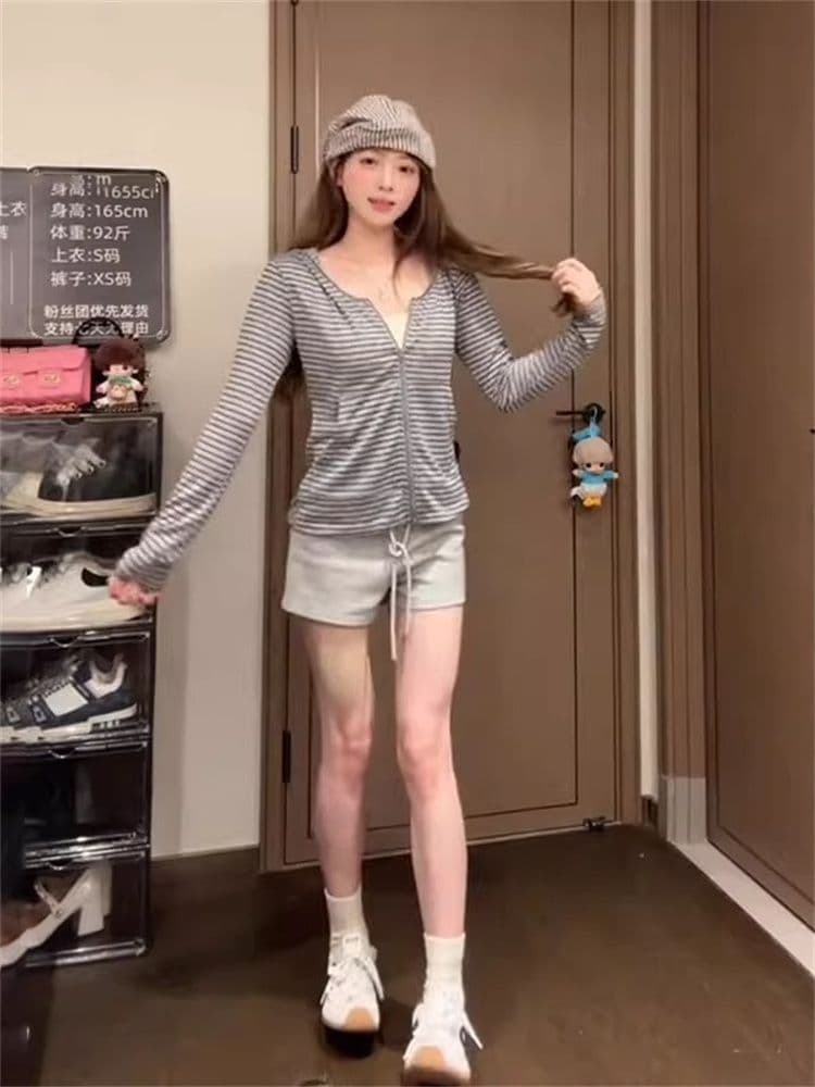 원본 눈꽃 느긋한 바람 스트라이프 지퍼 긴팔 후드 여성 여름 한 부서 미니멀리즘 슬림해 보이는 캐주얼 자외선 차단 맨위 이미지 2