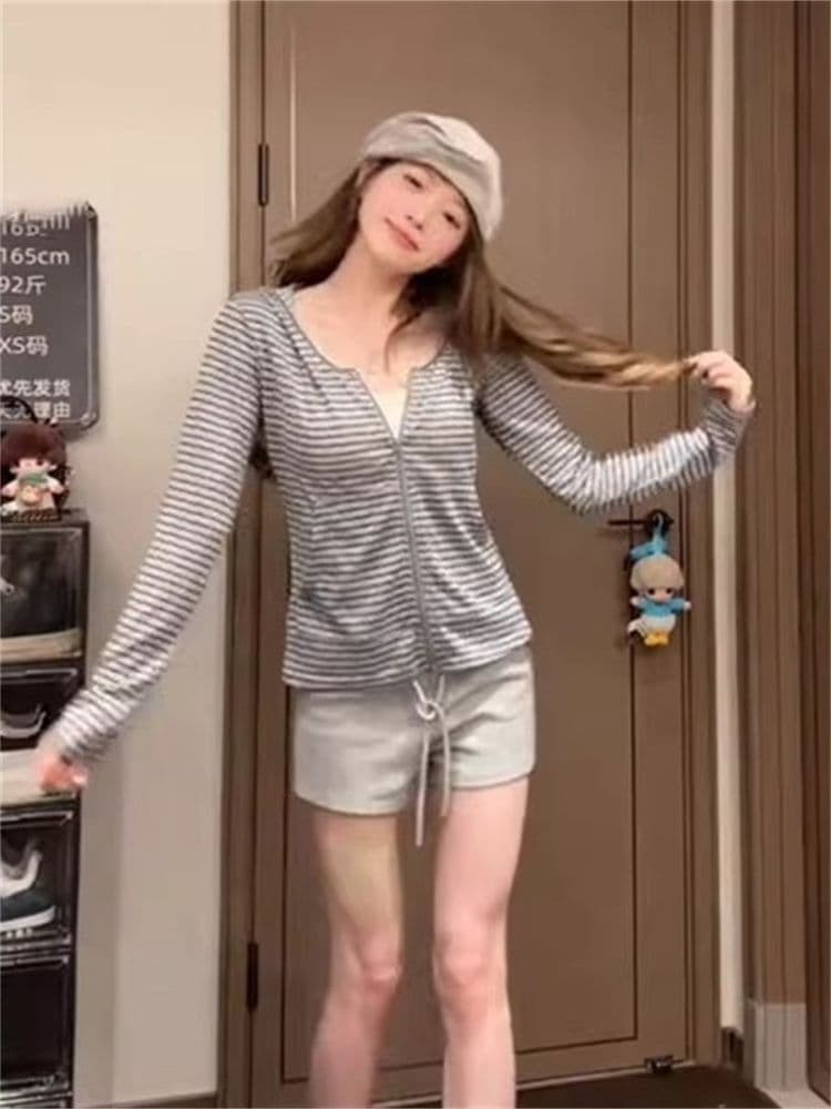 원본 눈꽃 느긋한 바람 스트라이프 지퍼 긴팔 후드 여성 여름 한 부서 미니멀리즘 슬림해 보이는 캐주얼 자외선 차단 맨위 상세 이미지 2