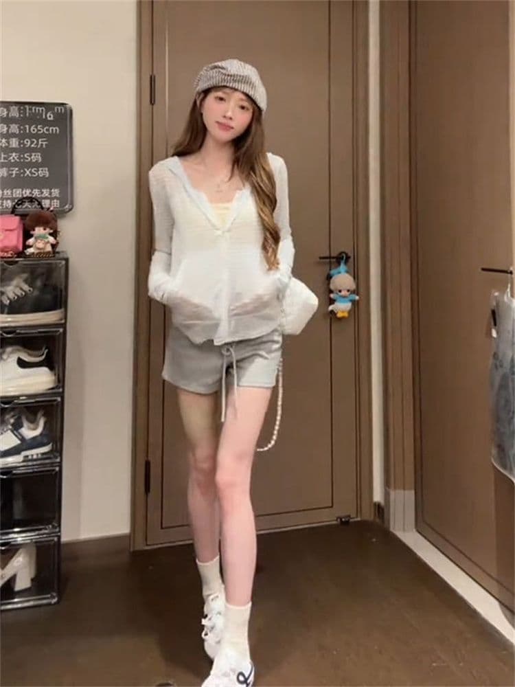 원본 눈꽃 느긋한 바람 스트라이프 지퍼 긴팔 후드 여성 여름 한 부서 미니멀리즘 슬림해 보이는 캐주얼 자외선 차단 맨위 상세 이미지 5