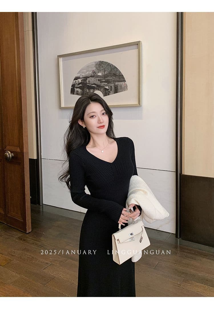부드러운 바람 품격 V넥 긴팔 니트 여성 드레스 가을 겨울 경기 코트 몸매 가꾸기 슬림해 보이는 인사이드 가져 가라. 만나는 롱 스커트 상세 이미지 5