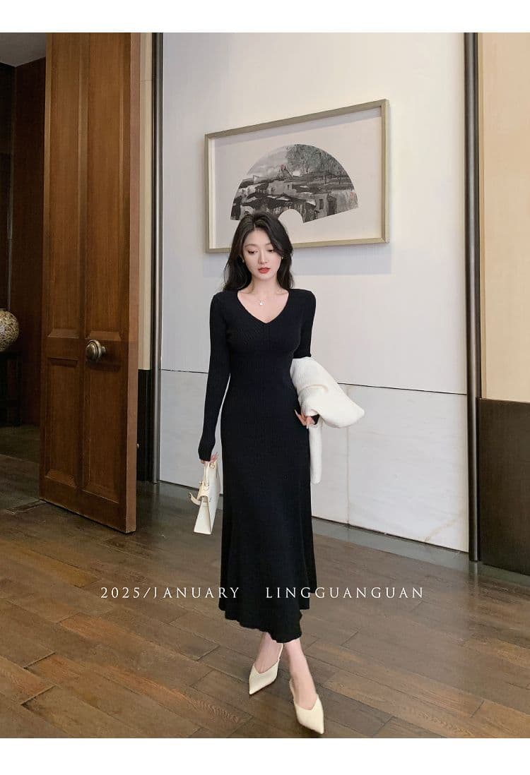부드러운 바람 품격 V넥 긴팔 니트 여성 드레스 가을 겨울 경기 코트 몸매 가꾸기 슬림해 보이는 인사이드 가져 가라. 만나는 롱 스커트 상세 이미지 7