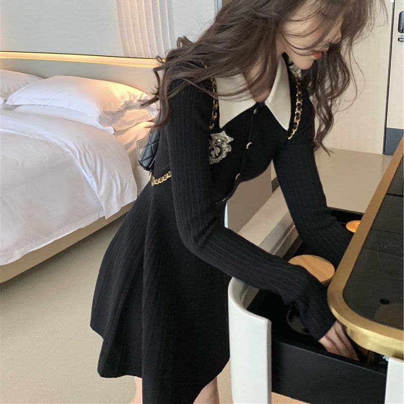 검정색 긴팔 니트 여성 드레스 2026 년 가을 새로운 인사이드 가져 가라. 학원 스타일 베이비 칼라 만나는 스웨터 드레스 이미지 5