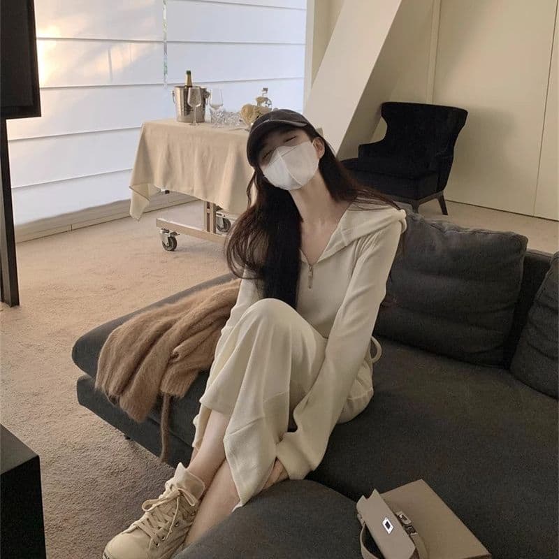 프랑스식 검정색 후드 긴팔 후드티 점프 슈트 치마 가을 겨울 2026 년 여성 의류 니트 도루 센스 롱 스커트 가을 이미지 5