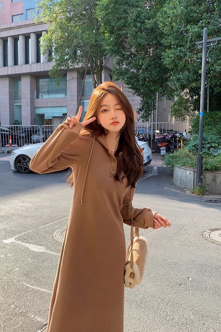 작은 키 후드 여성 드레스 가을 겨울철 중간 길이 만나는 니트 원피스 인사이드 가져 가라. 외출용 후드티 치마 상세 이미지 5