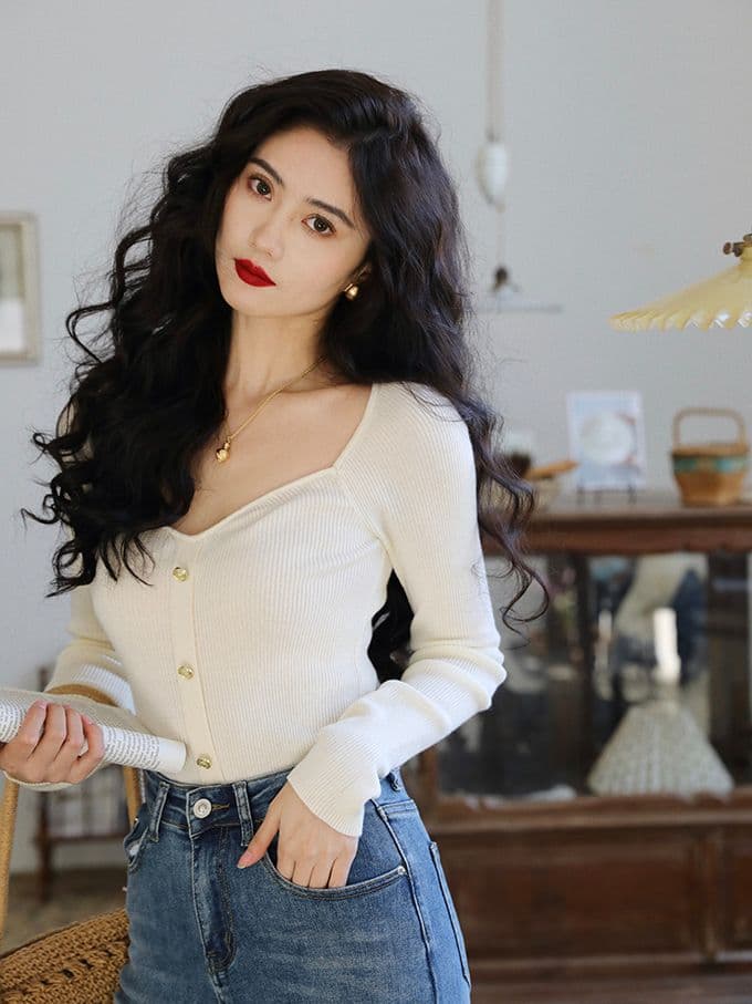 프랑스식 품격 이슬 쇄골 광장 칼라 스웨터 여자 가을 품격 고급 센스 몸매 가꾸기 슬림해 보이는 인사이드 가져 가라. 니트 기본 셔츠 상세 이미지 1