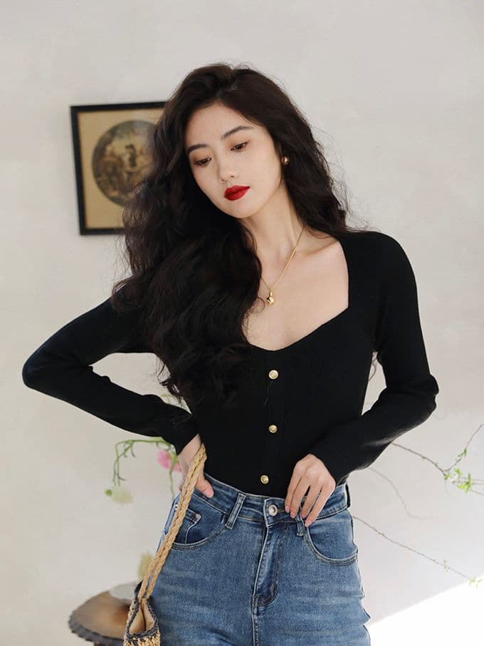 프랑스식 품격 이슬 쇄골 광장 칼라 스웨터 여자 가을 품격 고급 센스 몸매 가꾸기 슬림해 보이는 인사이드 가져 가라. 니트 기본 셔츠 상세 이미지 11
