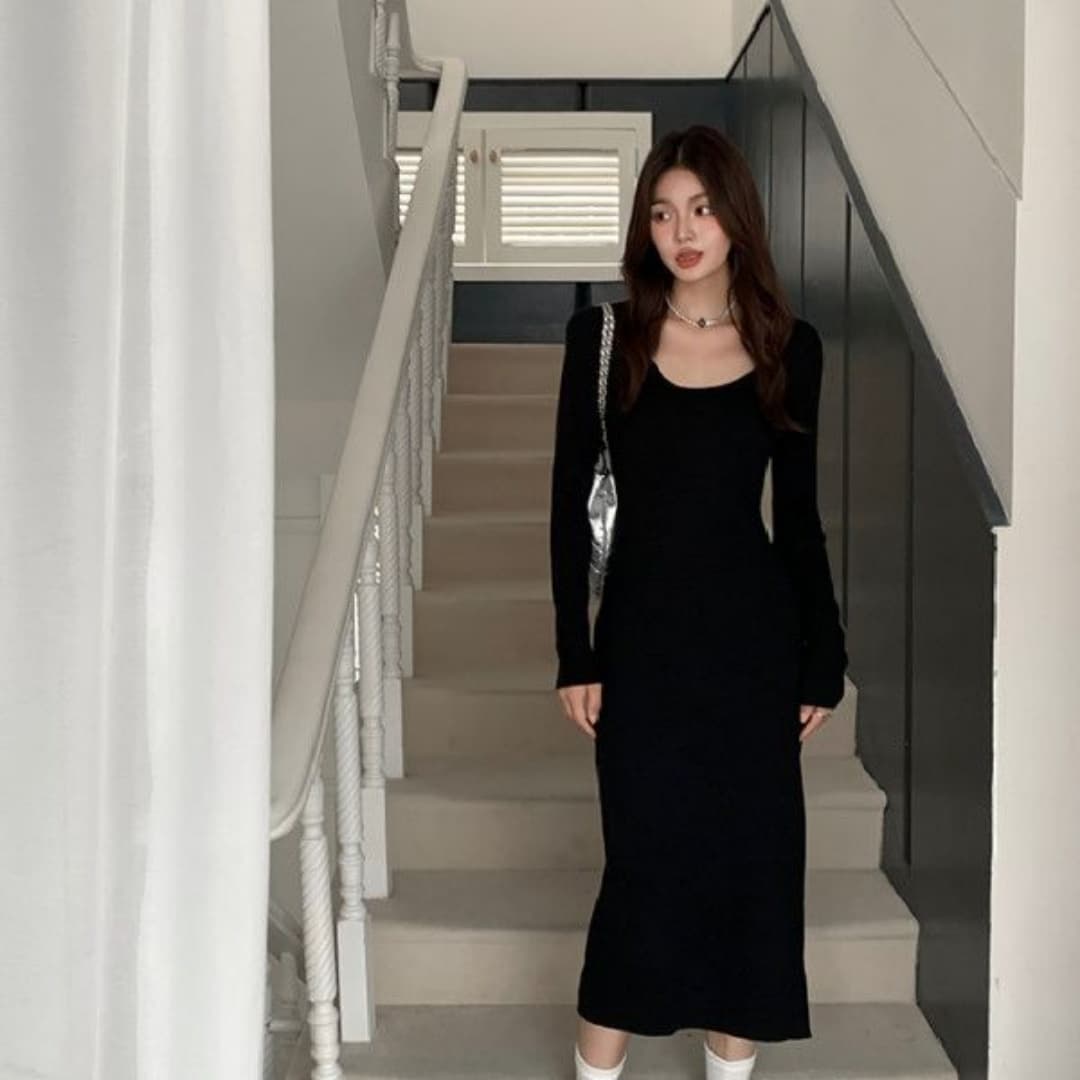 가을 품격 몸매 가꾸기 여성 드레스 롱 코트 허리 수축 슬림해 보이는 트임 타이트 스커트 순수한 욕망 핫걸 만나는 작은 검은 드레스 이미지 3