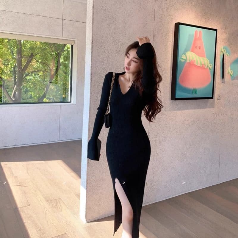 부드러운 바람 V넥 니트 여성 드레스 26 가을 긴팔 몸매 가꾸기 트임 슬림해 보이는 허리 수축 인사이드 가져 가라. 타이트 스커트 치마 이미지 3