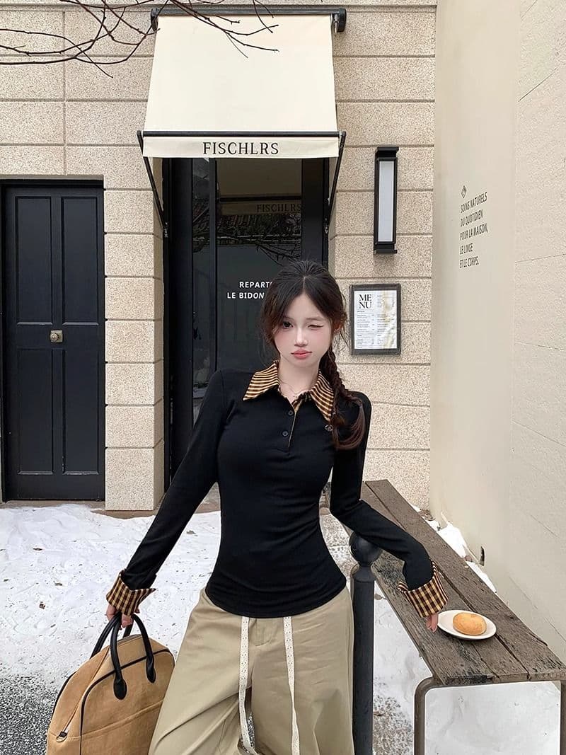 일본식 POLO 칼라 긴팔 기본 셔츠 여성 가을과 겨울 새로운 디자인 센스 패치워크 체크무늬 몸매 가꾸기 고급 센스 맨위 상세 이미지 5
