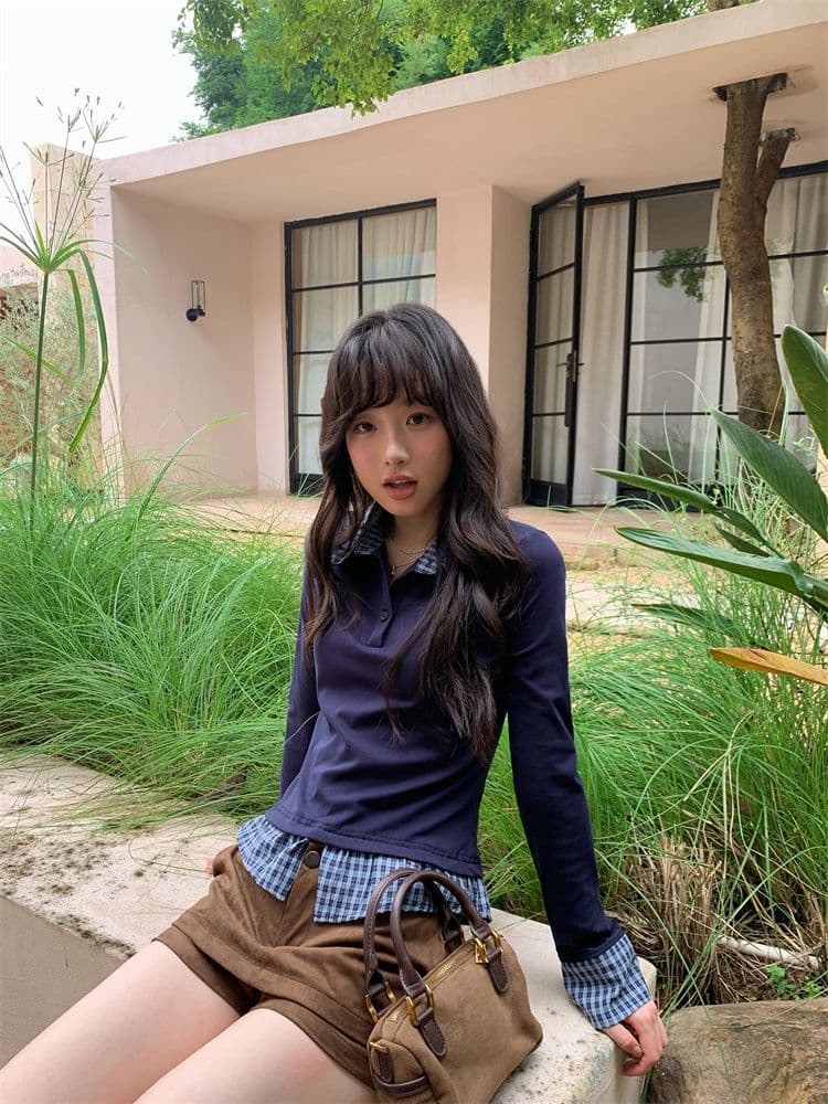 1 1 De 플러시 페이크 레이어드 POLO 칼라 맨위 여성 가을 겨울철 한 부서 레트로 체크무늬 패치워크 몸매 가꾸기 캐주얼 맨위 상세 이미지 3